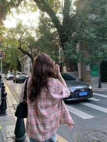 YUXIN 复古美式小众设计女式短袖格子衬衫，轻盈夏季防晒夹克，宽松百搭小码衬衫 - 粉色 - 查看 10