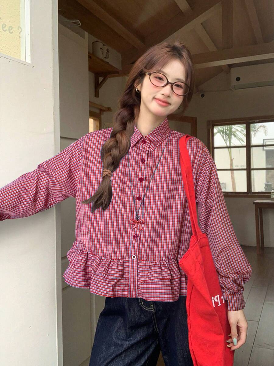 Women's Autumn/Winter Blue Plaid Hem Ruffle Patchwork Shirt, Casual Wear, Commuting, Long Sleeve Blouse, Cropped Top