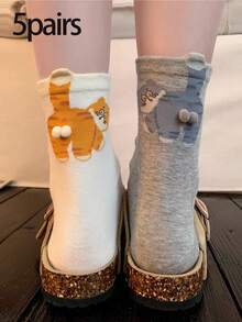 5 Pairs Cute Cat & Egg Pattern Socks, College Style Cartoon Socks For Women, Mid-Calf Length, Fall Socks