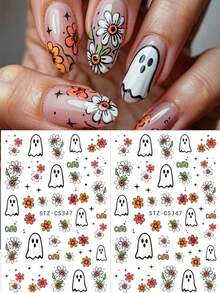 2 件万圣节可爱鬼花美甲贴纸卡通恐怖不给糖就捣蛋自粘滑块指甲饰物美甲用品 - 彩色 - 查看 1