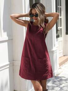 Women's Corduroy Pinafore Dress Jumper Overall Mini Dress With Pockets - Round Neck A-Line Short Sleeve Casual Vintage Fall Dresses For Women - 酒紅色 - 查看 3