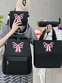 4pcs/Set Y2K Bow Print Functional Simple Backpack Set School Bag Set, Fashion Backpack, Large Capacity Shoulder Bag, Portable Pencil Bag, Coin Purse, College Style Cartoon Casual Style, Suitable For Teenage Girls,Junior High School And High School Student, College And High School, Perfect For Outdoor, Travel And Back To School,Back To School Supplies,School Bag For Girls