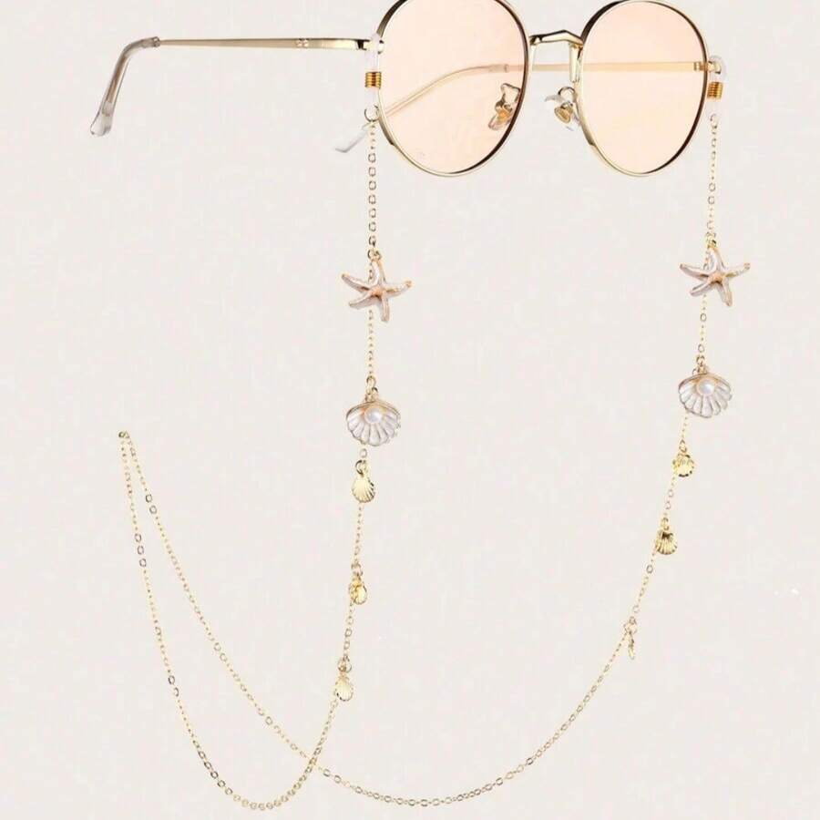 1pc Metal Pearl Scallop Starfish Eyeglasses Chain, Suitable For Women's Travel & Holiday Sunglasses Decorative Chain, Stainless Steel Jewelry - Gold - View 1