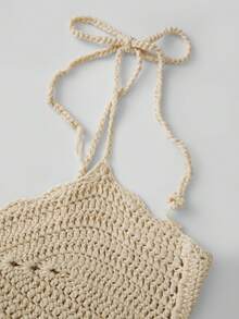 Women's Summer Slim Knit Crop Tops Tie-Up Spaghetti Strap Camisole Y2K V-Neck Split Hem Cutout Sequin Tank Tops For Beach Vacation Boho Streetwear - Màu be - Xem 8