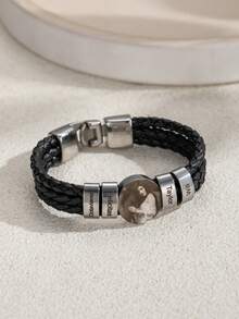 1pc Personalized Engraved Name & Photo Leather Cord Bracelet, Minimalist Black Braided Leather Cord Multi-Name Custom Bracelet With Photo, Stainless Steel Multi-Name Photo Bracelet Gift For Dad, Father's Day, Valentine's Day, Birthday, Anniversary - Multicolor - View 7