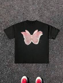 Aesthetic Butterfly Graphic Representing Transformation And Beauty,With Delicate Pink Wings Showcasing Artistic Details Casual Tee For Ultimate Comfort 220g - 黑色 - 查看 1