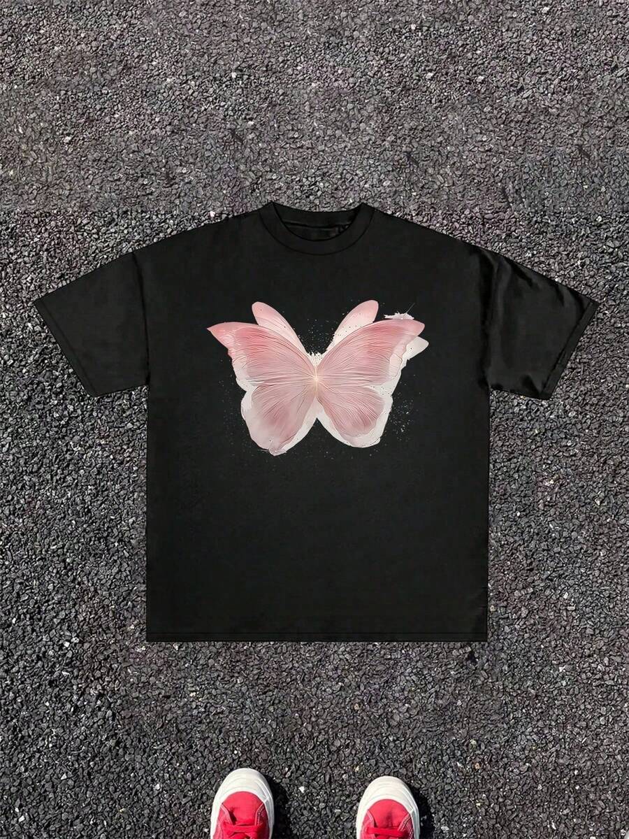Aesthetic Butterfly Graphic Representing Transformation And Beauty,With Delicate Pink Wings Showcasing Artistic Details Casual Tee For Ultimate Comfort 220g - 黑色 - 查看 1