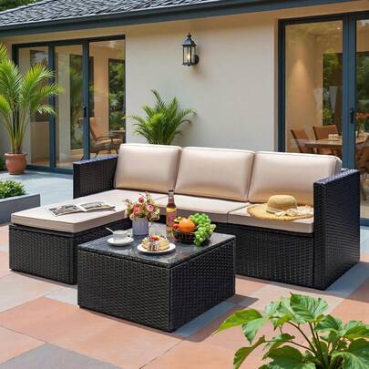 Devoko 4 Piece Patio Furniture Sets Sectional Adjustable Conversation Set All-Weather Outdoor PE Wicker Rattan Patio Sofa With Cushions And Glass Table For Porch Poolside, Beige