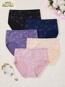 5 Peças Calcinhas de Cintura Alta Estampadas, Elegantes e Confortáveis, Plus Size