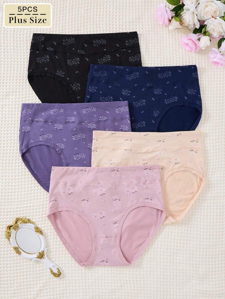 5 Peças Calcinhas de Cintura Alta Estampadas, Elegantes e Confortáveis, Plus Size