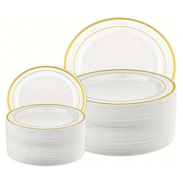 100/50/25 طبق ذهبي، قاعدة بيضاء مع حافة ذهبية فاخرة، مناسبة لتقديم البيتزا والسلطة والحلوى والكيك والمقبلات، مثالية لحفلات عيد الميلاد والزفاف والعشاء الرسمي والتجمعات وحفلات الزفاف والتخرج والذكرى السنوية والاجتماعات العائلية وحفلات استقبال المواليد والأعياد والحفلات المكتبية وغيرها