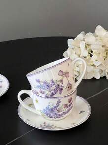 1 Set Taza y platillo de cerámica con diseño romántico de campo lavanda, taza de té con delicadas flores moradas, taza con encaje estilo femenino, taza para leche, taza de café y platillo, serie de vajilla de princesa, té de tarde en el jardín, regalo de cumpleaños