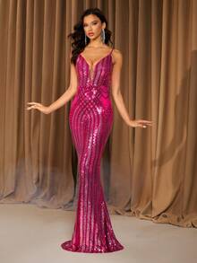 Women's Contrast Color Sequin Mermaid Maxi Dress, Elegant Evening Gown - Hot Pink - View 5
