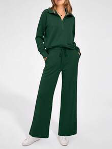 Women's 2 Piece Outfits Casual Lapel Half Zip Sweatshirts And Wide Leg Pants Tracksuit Sets - Dark Green - View 4