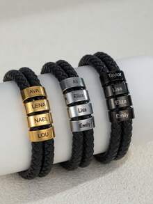1pc Personalized Engraved Name & Photo Leather Cord Bracelet, Minimalist Black Braided Leather Cord Multi-Name Custom Bracelet With Photo, Stainless Steel Multi-Name Photo Bracelet Gift For Dad, Father's Day, Valentine's Day, Birthday, Anniversary - Multicolor - View 4