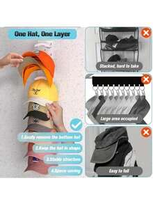 1 Pack Hat Organizer Baseball Caps, Organization And Storage, Closet Organization And Storage, Strong Adhesive Hat Rack Wall, Multilayer Hat Storage Display Holder, Wall Mounted Hat Hooks Hold Up To 18 Hats Closet Door And Bedroom (Black/White)