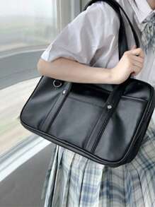 正式简约时尚 OL 托特包，女士 PU 皮革手提包，纯色个性化大容量单肩包，适合工作 - 黑色 - 查看 1