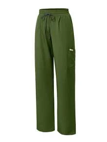Women's Scrub Pants, Comfortable Pants, Solid Color Simple Multi-Pocket Contrast Tape Loose Pants - Green - View 10