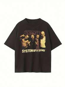 System Of A Down Band Graphic Digital Printed T Shirt Vintage Style Men's Casual Tee 100% Cotton Black - 黑色 - 查看 1