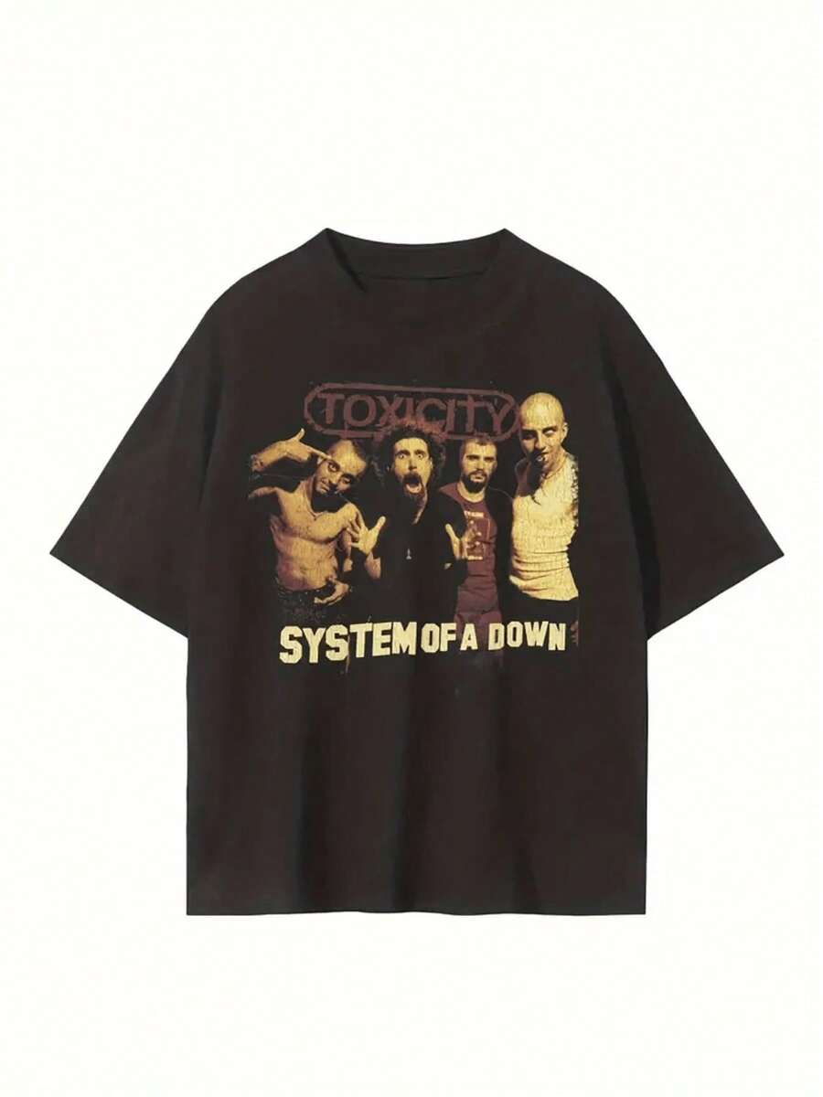 System Of A Down Band Graphic Digital Printed T Shirt Vintage Style Men's Casual Tee 100% Cotton Black - 黑色 - 查看 1
