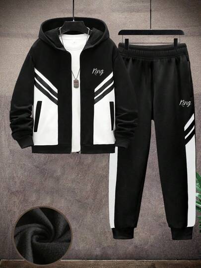 2 st/set Pojkar & Tonåringar Casual Sport Kontrastfärgad KING Tryckt Hoodie Sweatshirt Och Kontrastfärgade Byxor Set, Vår/Höst