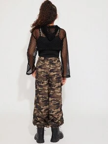 Radiana 3 件套 Tween 女童休闲时尚网眼连帽长袖上衣、罗纹针织背心和迷彩工装裤套装 - 軍綠色 - 查看 2