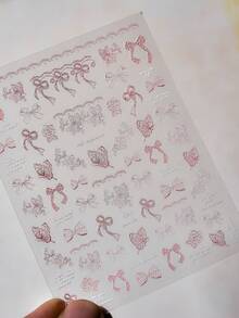 1片秋季新款白色/黑色/粉色蕾丝蝴蝶结美甲贴纸，可爱蝴蝶结美甲贴纸，白色粉色3D自粘复古精致蝴蝶结美甲设计用品，丝带蝴蝶结，女士DIY美甲装饰 - 彩色 - 查看 3