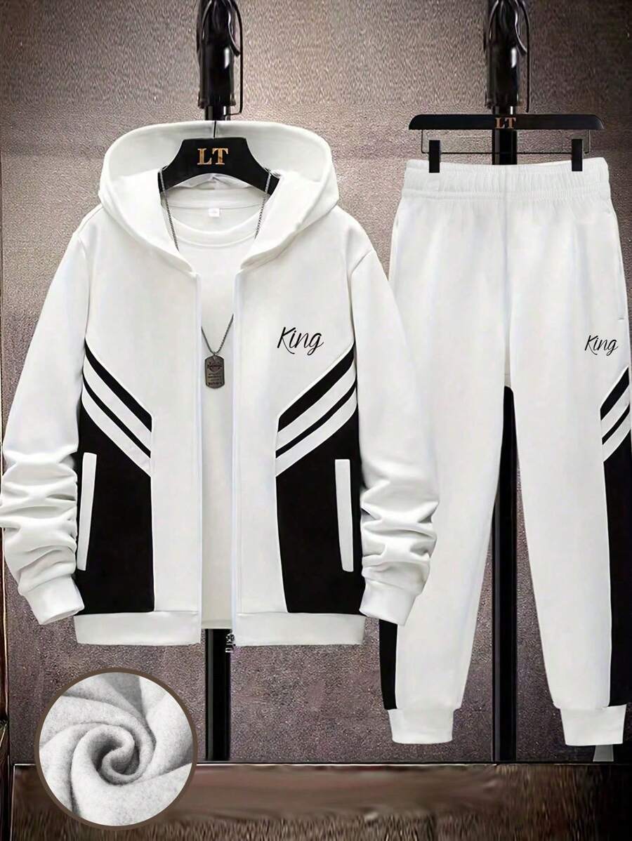 2pcs/Set Boys & Teens Casual Sports Contrast Color KING Print Hoodie Sweatshirt And Contrast Color Pants Set, Spring/Autumn - White - View 1