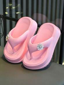 HAHABOBO 女童粉色花朵人字拖，时尚厚底凉鞋，适合夏季室内外穿着，可爱珍珠花朵装饰沙滩鞋 - 粉色 - 查看 5