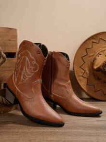 2025 时尚百搭纯色拼布流苏装饰刺绣侧拉链西部靴，女士户外运动鞋