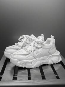 Men's Minimalist Solid Color Leather & Mesh Lace-Up Design Elevator Sneakers, Niche Fashion Versatile Casual Street Wear Vulcanized Shoes, Suitable For All Seasons - White - View 6