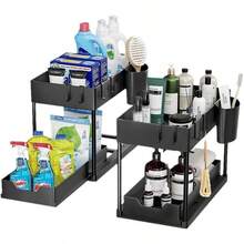 1set Under Sink Organizer, 2-Tier Sliding Cabinet Basket Organizer Drawers, Under Sink Organizers And Storage Bathroom Kitchen Cabinet Organizer With Hooks Cup The Bottom Drawers Can Be Slid Out, Kitchen Accessories, Home Decor, Party & Christmas Storage