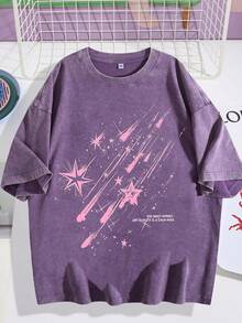 EWH Vintage Distressed, Meteor Print T-Shirt, Men's Short Sleeved, Loose Fit, Short Sleeved TopDG0004 - Blåröd - Visa 1