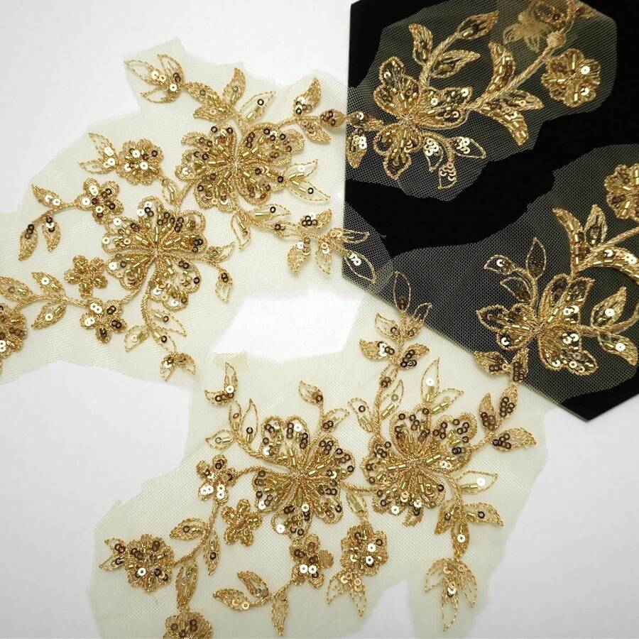 1 Cặp miếng vá trang trí ren thêu đính kim sa đính đinh tán vàng dùng cho quần áo tự làm - Vàng - Xem 1