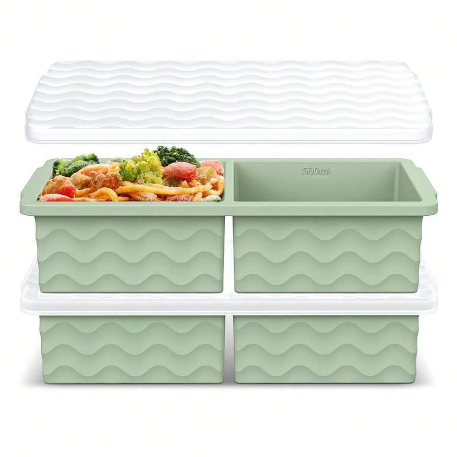Silicone Freezer Tray For Soup With Lid - 2 Cup Soup Freezer Container Molds - Extra Large Ice Cube Tray - Silicone Freezer Food Molds For Freezing & Storing Soup, Sauce, Broth, Leftovers (2 Pack)-814352 - 綠色 - 查看 1