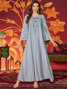 Women's Round Neck Embroidered Elegant Bubble Pearl Everyday Arabian Dress - Sky Blue - View 2
