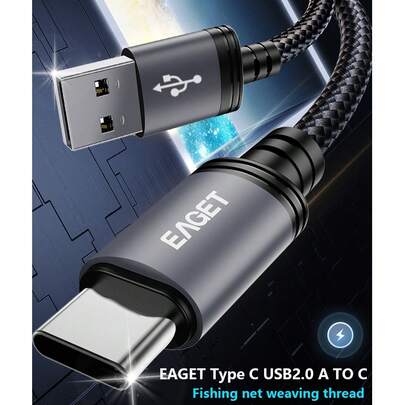 EAGET 3A 快速充电和数据同步 USB A 转 Type-C 数据线，加固尼龙编织，经久耐用，通用型，适用于大多数 Type-C 手机、平板电脑和配件