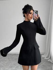 Einfarbiges, lässiges, elegantes Kleid aus gewebtem Stoff mit Fake-Taschen und Reißverschluss, geeignet für Büro, Abenddate, Herbst/Winter - Schwarz - Übersicht 3