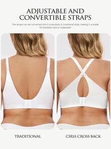 Wingslove Seamless Comfort Plus Size Wirefree Bra - Unlined Full Cup U-Back, Convertible Cross Straps & Smoothing V-Neck T-Shirt Bra