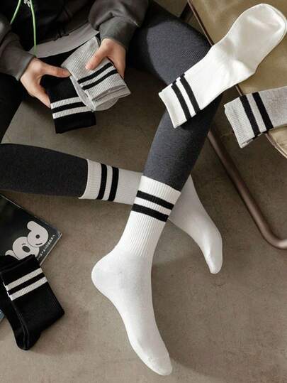 6 Pairs Of Tricolor Black, White, And Gray Double Bar Mid Length Socks For Both Men And Women, Popular Casual Sports Long Socks With Ins And Pants, Women'S Outer Wear Mid Length Socks In Color, Student Sports Long Socks With Two Bar Mid Length Socks (1/3/6 Pairs)