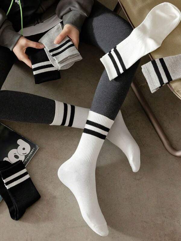 6 Pairs Striped Mid-Calf Socks For Women, Black, White, Gray, Fashionable Casual Sports Long Socks, Suitable To Pair With Underwear And Pants, Women's Outerwear Mid-Calf Socks, Student Sports Long Socks, Striped Mid-Calf Socks (1/3/6 Pairs)