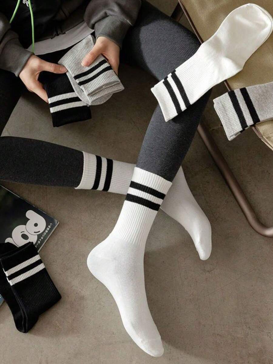 6 Pairs Striped Mid-Calf Socks For Women, Black, White, Gray, Fashionable Casual Sports Long Socks, Suitable To Pair With Underwear And Pants, Women's Outerwear Mid-Calf Socks, Student Sports Long Socks, Striped Mid-Calf Socks (1/3/6 Pairs) - Multicolor - View 1