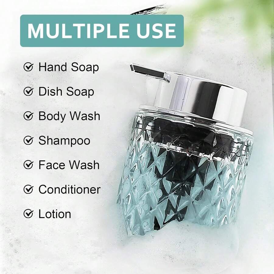 Modern Diamond-Cut Glass Foaming Soap Dispenser With Silver Pump, Refillable Bathroom Hand Wash Bottle, Thick Glass Base & Wide Mouth Design - one-size - View 1