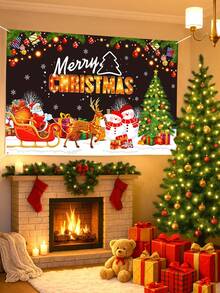 1pc Christmas Decoration Backdrop Fabric, Santa Claus& Snowman& Christmas Tree Pattern Banner, Merry Christmas Party Backdrop Decoration, Christmas Photography Props, Christmas Garage Door Decorations, Patio Decorations, Christmas Living Room Wall Decoration Hanging Fabric, Room Decorations, Home Decor, 2026 New Year Decor, Christmas Hanging Decor, Xmas Gifts