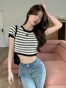 女式撞色条纹圆领插肩针织打底 T 恤，全新夏季百搭上衣 - 黑與白 - 查看 5