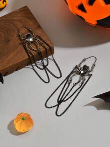 1 Pair Exaggerated Black Spider Halloween Earrings, Fashionable Goth Style Black Spider Oil Drop Chain Tassel Long Pendant Earrings, Halloween Jewelry, Holiday Party Jewelry - Black - View 3