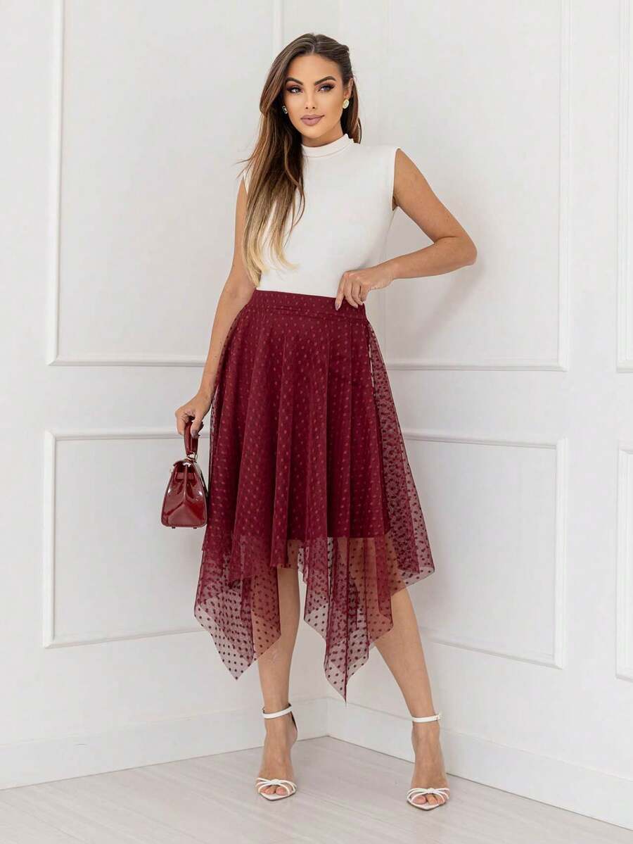 Elegance Tulle Midi Skirt With Polka Dots Code 127 - Burgundy - View 1