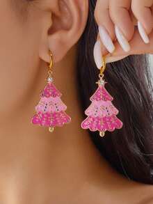 2 brincos com pingente de árvore de Natal rosa com strass fofos, presente de Natal, adequados para mulheres usarem no Natal, feriados e festas - Rosa - Ver 1