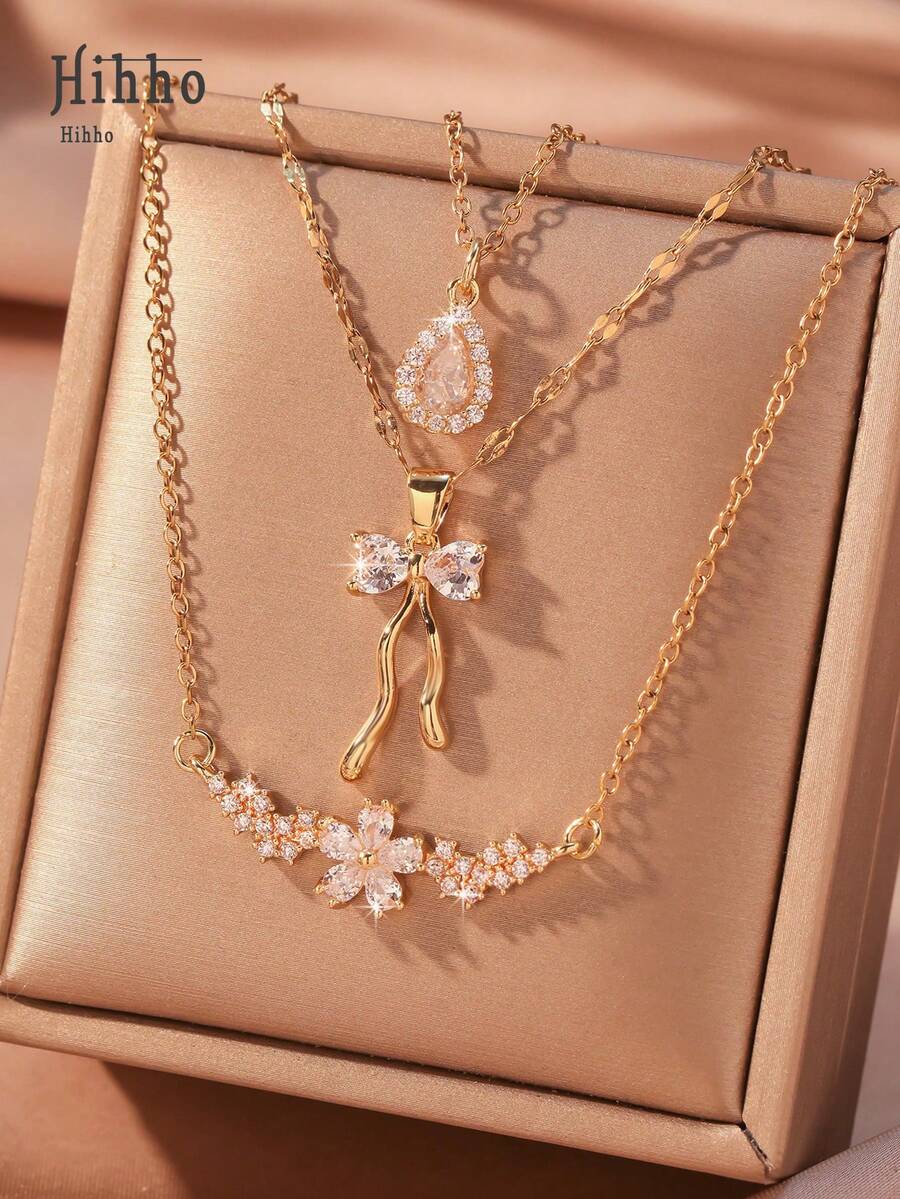 Hihho Bộ 3 chiếc/Bộ mặt dây chuyền hoa bướm hình giọt nước đính đá pha lê thanh lịch, Quà tặng trang sức sang trọng thời trang và sáng tạo cho phụ nữ - Vàng - Xem 1