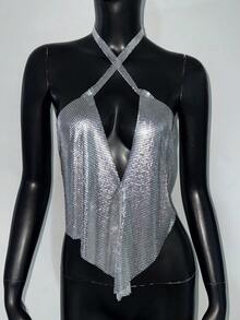 1pc Women's Sexy Cute Metallic Chain V-Neck Sequin Halter Crop Top, Suitable For Party, Bar, Music Festival, Holiday, Daily Wear